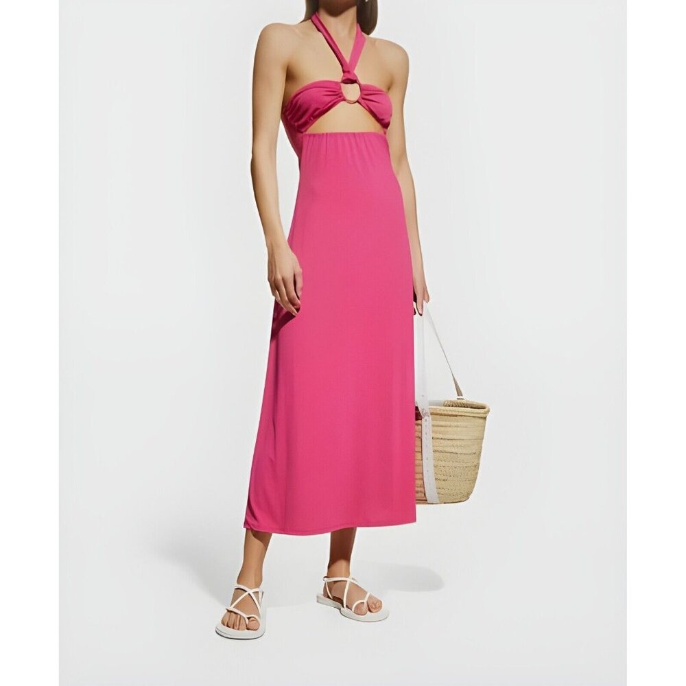 NWT Womens Size Medium Solid & Striped Tati Front Ring Cut Out Halter Midi Dress